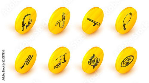 Set line Fish trophy hanging on the board, Fishing hook under water with fish, line and float, spoon, rod, worm and icon. Vector