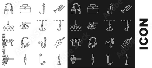 Set line Fishing hook and float, on, under water, net, rod fish and icon. Vector