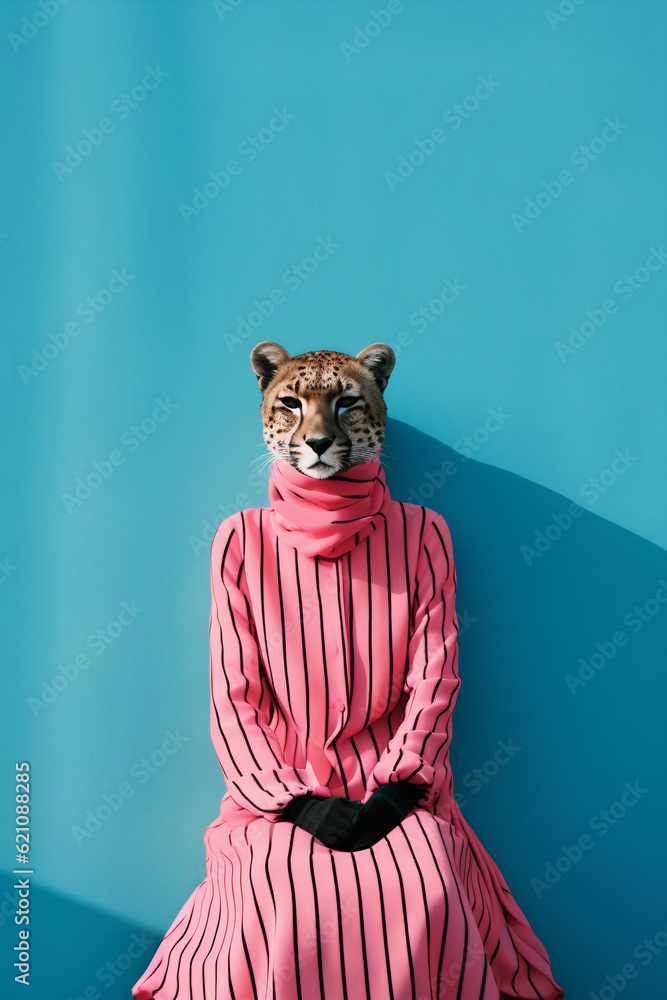 Female cheetah gepard animal posing like a fashion model in pink dress on bright blue background. Minimal creative scene with wild animal as a human. Illustration, Generative AI. Female cheetah gepard animal posing like a fashion model in pink dress on bright blue background. Minimal creative scene with wild animal as a human. Illustration, Generative AI.