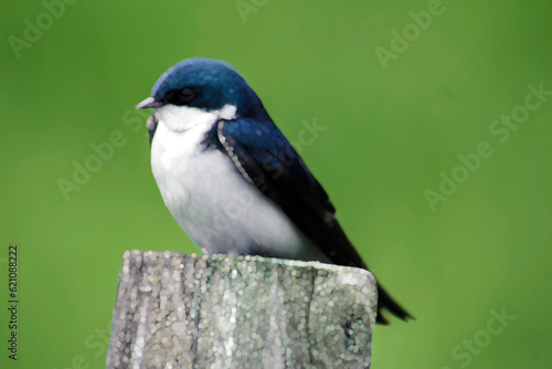PHOTO-ILLUSTRATION-Azure & White Bird perched on Weathered Wood Post w/ Green Background- Border, Backdrop, wallpaper, Flier, Poster, Social Media Post, Ad, Publication, Bird Watching Club, Invitation © DLP INSPIRATIONS