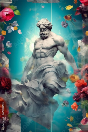 Creative art of marble statue with diverse flowers on pastel blue background. Strong abstract scene of powerful man. Generative AI, illustration. © Santijago