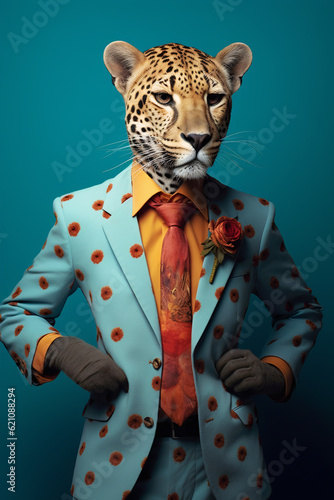 Cheetah posing like a human model, wearing casual suit with flower details. Animal with human character and attitude. Generative AI.