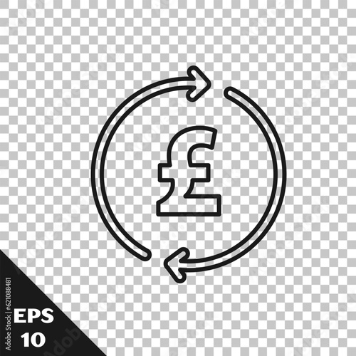 Black line Coin money with pound sterling symbol icon isolated on transparent background. Banking currency sign. Cash symbol. Vector
