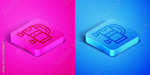 Isometric line Heated towel rail icon isolated on pink and blue background. Square button. Vector