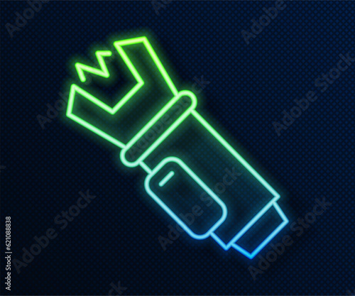 Glowing neon line Police electric shocker icon isolated on blue background. Shocker for protection. Taser is an electric weapon. Vector