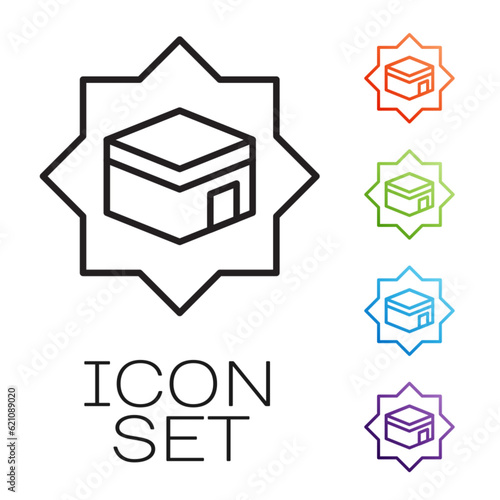 Black line Kaaba mosque icon isolated on white background. Kaaba hajj Mecca pray pilgrimage Ramadan Islam muslim mosque. Set icons colorful. Vector