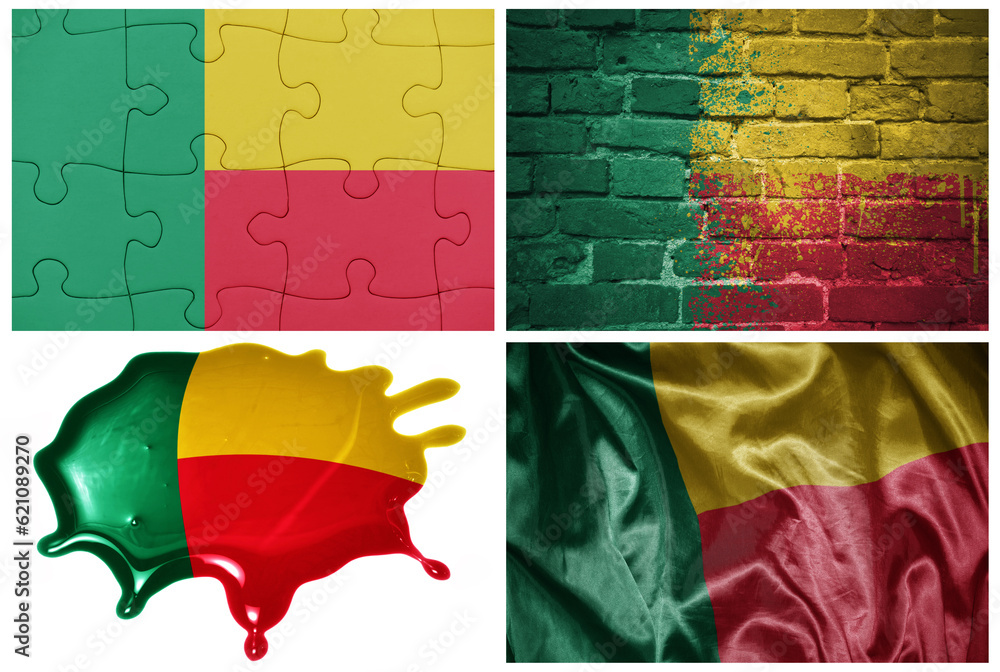 national colorful realistic flag of benin in different styles and with different textures on the white background.collage.