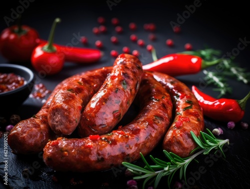 Sausage on dark background (generative AI)