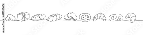 Breads one line continuous drawing. Pretzel, ciabatta, croissant, bagel, toast bread, french baguette continuous one line illustration.