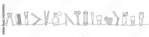 Barber shop one line continuous drawing. Clipper, comb, razor blade, perfume sprayer, scissors, makeup brush continuous one line illustration.