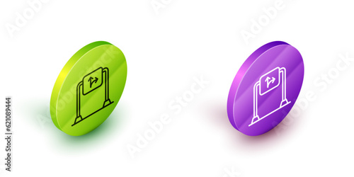 Isometric line Road traffic sign. Signpost icon isolated on white background. Pointer symbol. Isolated street information sign. Direction sign. Green and purple circle buttons. Vector