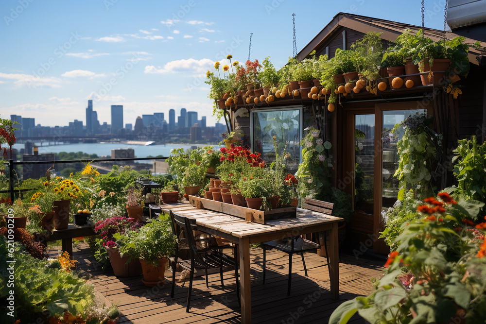 A lush rooftop garden in a bustling city with flowers, vegetables, and plants A lush rooftop garden in a bustling city with flowers, vegetables, and plants