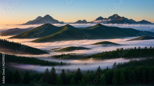 mountain afforest fog morning mystic. Creative resource, AI Generated