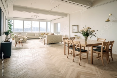 It has an elegant and beige tone  with a specifically designed wooden table and chairs  a flower vase  and rattan accents. Korean interior design. a wood parquet floor