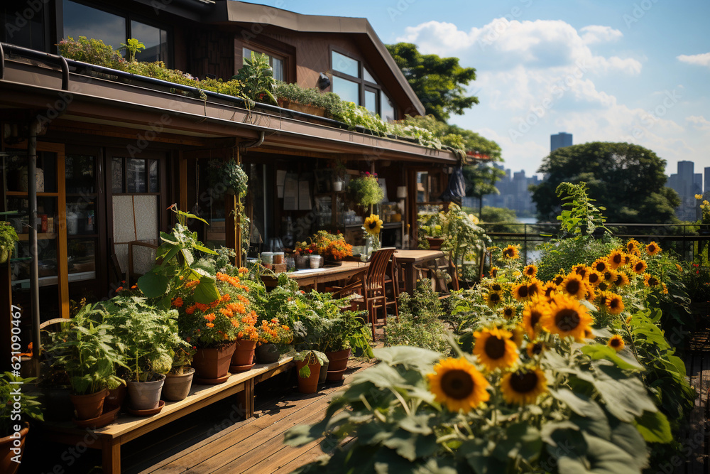 A lush rooftop garden in a bustling city with flowers, vegetables, and plants A lush rooftop garden in a bustling city with flowers, vegetables, and plants