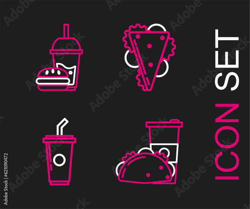 Set line Paper glass and taco with tortilla, drinking straw water, Sandwich and burger icon. Vector