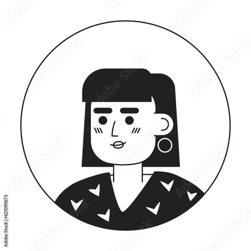 Pretty fashionable caucasian woman monochrome flat linear character head. Bob haircut with bangs. Editable outline hand drawn human face icon. 2D cartoon spot vector avatar illustration for animation