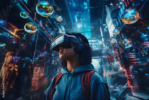 User immersed in augmented reality environment wearing a VR headset, seamlessly blending digital elements with physical world, experiencing innovative gaming and learning opportunities.