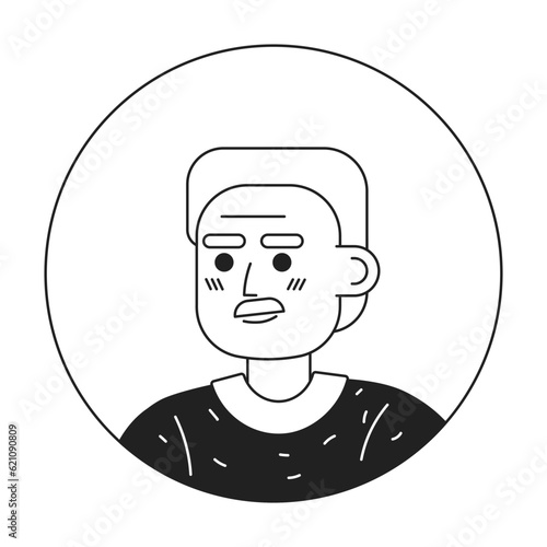 Handsome senior man with silver mustache monochrome flat linear character head. Caucasian old man. Editable outline hand drawn human face icon. 2D cartoon spot vector avatar illustration for animation