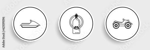 Set line All Terrain Vehicle or ATV motorcycle, Jet ski and Aqualung icon. Vector