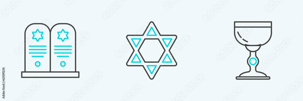 Set line Jewish goblet, Tombstone with star of david and Star David icon. Vector Set line Jewish goblet, Tombstone with star of david and Star David icon. Vector