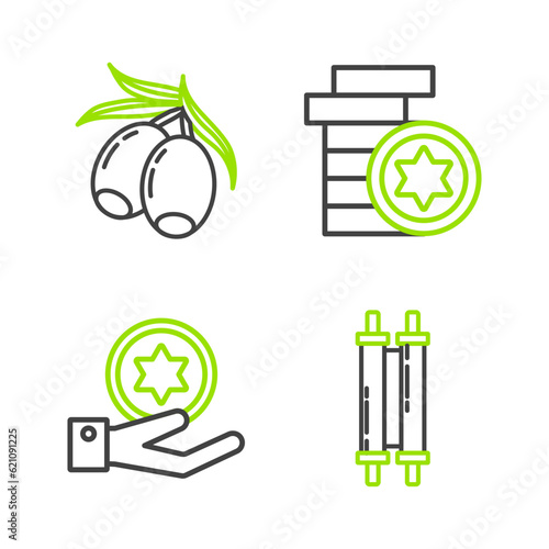 Set line Torah scroll, Jewish coin on hand, and Olives branch icon. Vector photo