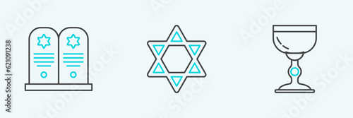 Set line Jewish goblet, Tombstone with star of david and Star David icon. Vector