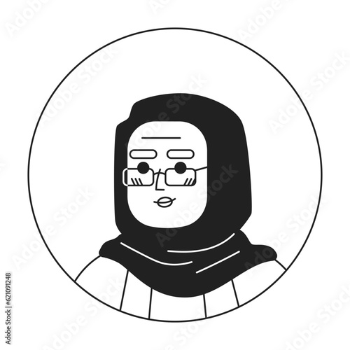 Senior arabian woman in hijab monochrome flat linear character head. Serious lady in glasses, Editable outline hand drawn human face icon. 2D cartoon spot vector avatar illustration for animation