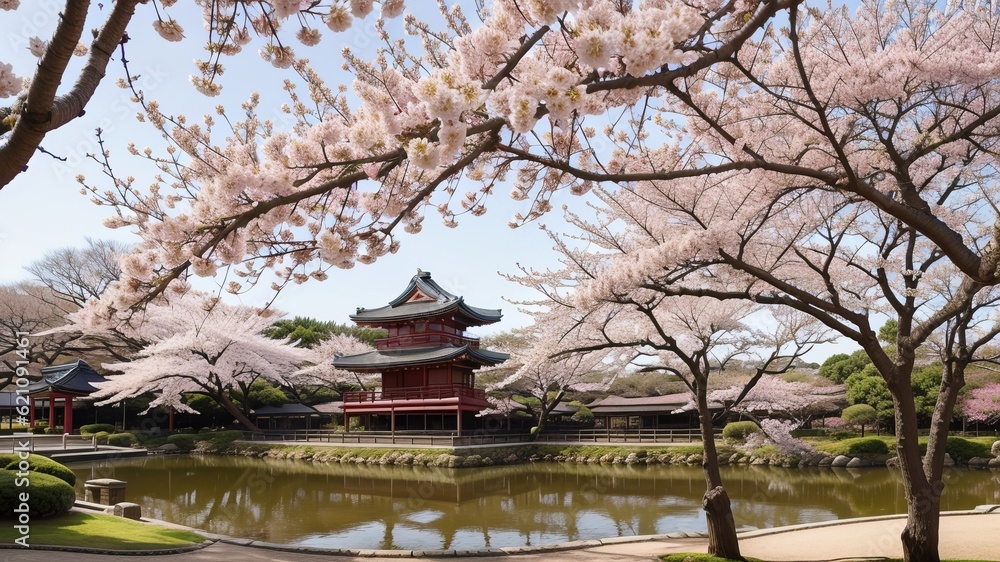traditional Japanese blooming sakura red bloom corner. Creative resource, AI Generated traditional Japanese blooming sakura red bloom corner. Creative resource, AI Generated