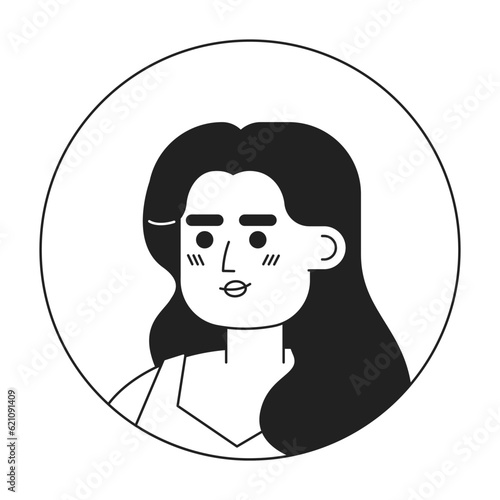Hispanic woman with shrewd look monochrome flat linear character head. Trendy curly hairstyle. Editable outline hand drawn human face icon. 2D cartoon spot vector avatar illustration for animation
