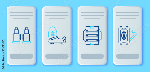 Set line Soccer or football shoes with spikes, American field, Binoculars and Football ticket icon. Vector