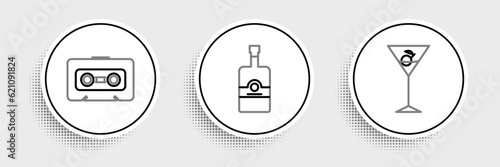 Set line Martini glass, Retro audio cassette tape and Whiskey bottle icon. Vector