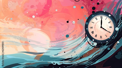 Concept of transience, the ephemeral nature of time, banner with abstract illustration of clock sinking in the ocean water. The clock shows 4 o'clock