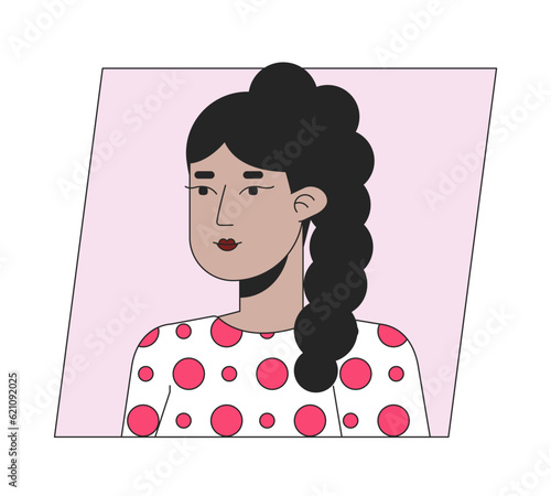 Latinamerican girl with trendy hairstyle flat color cartoon avatar icon. Editable 2D user portrait linear illustration. Isolated vector face profile clipart. Userpic, person head and shoulders