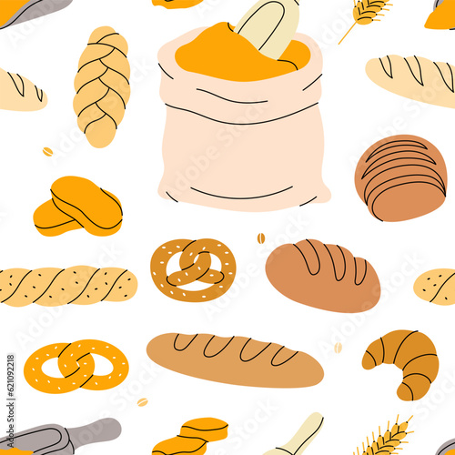 Fresh breads pattern. Bakery pastry products seamless banner. Whole grain and wheat bread. Colored bakery products background.