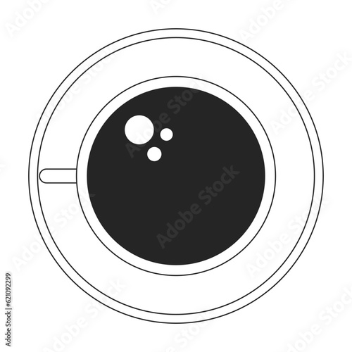 Coffee cup on plate top view flat monochrome isolated vector object. Fragrant morning beverage. Editable black and white line art drawing. Simple outline spot illustration for web graphic design