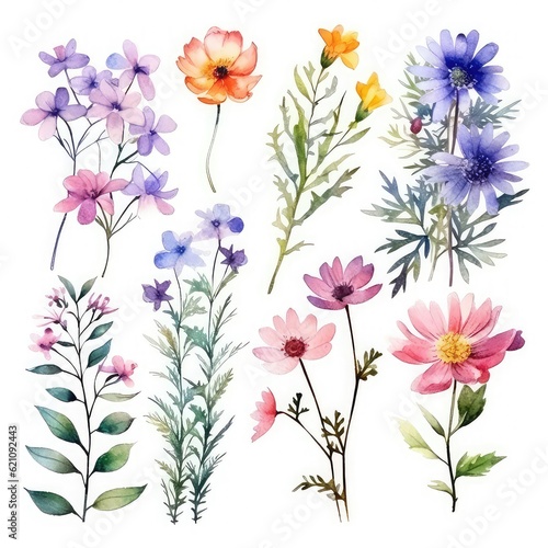 Watercolor wild flowers isolated on white background, wild meadow flowers illustration, Collection botanic garden elements