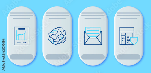 Set line Crumpled paper ball, Mail and e-mail, Document with graph chart and Shopping building shield icon. Vector