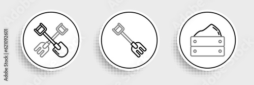 Set line Wooden box with harvest, Shovel and rake and Garden icon. Vector