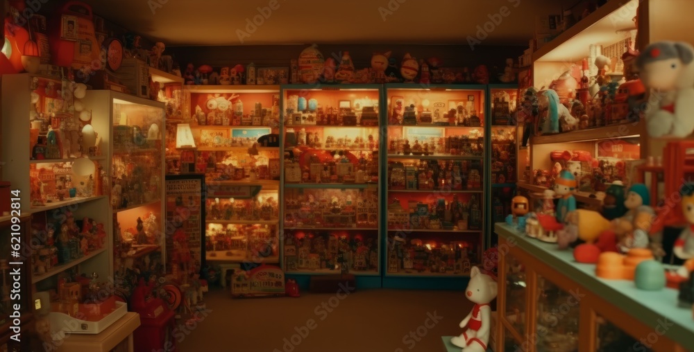 shelves with children's toys in room, room interior
