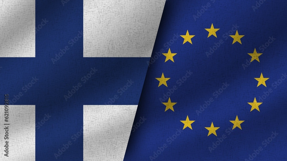 European Union and Finland Realistic Two Flags Together, 3D Illustration European Union and Finland Realistic Two Flags Together, 3D Illustration