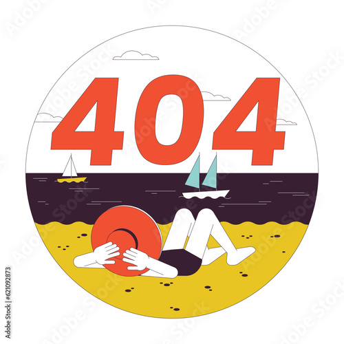 Vacation beach error 404 flash message. Lying sunbathing girl looking at ocean. Empty state ui design. Page not found popup cartoon image. Vector flat illustration concept on white background