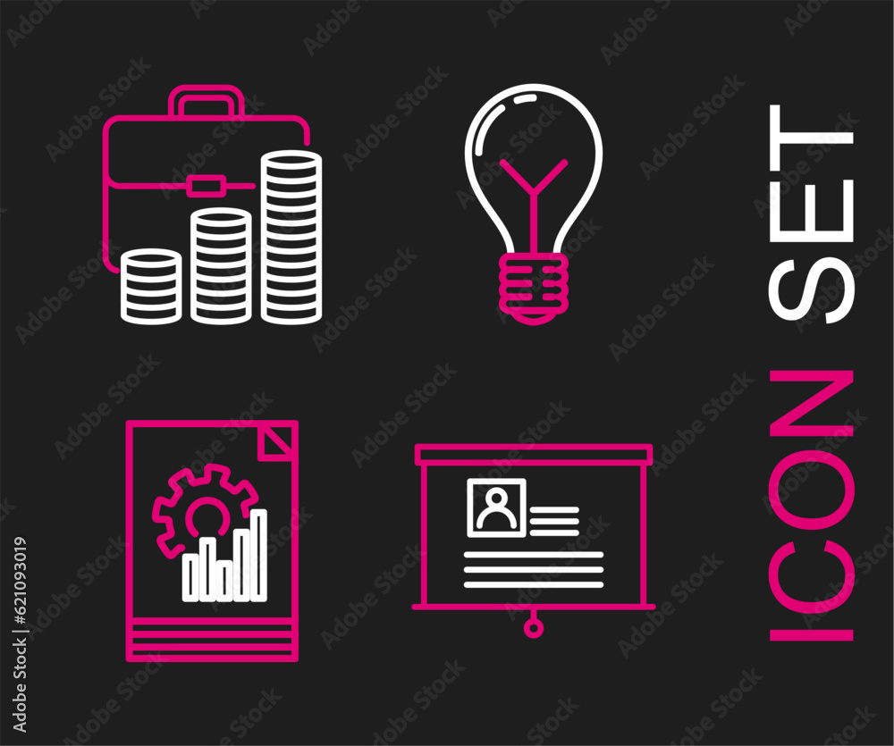 Set line Board with resume, Document graph chart, Light bulb concept of idea and Briefcase and coin icon. Vector Set line Board with resume, Document graph chart, Light bulb concept of idea and Briefcase and coin icon. Vector