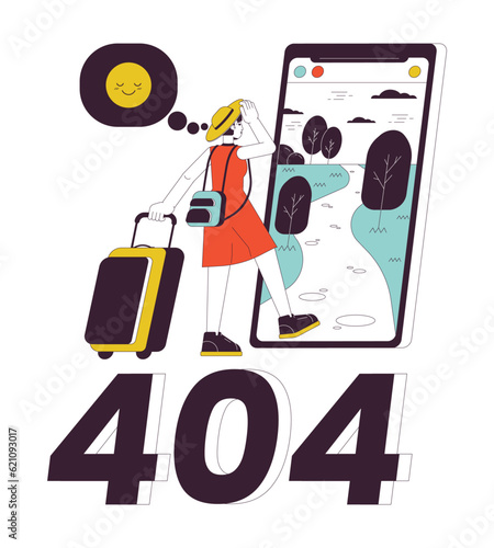 Travel influencer going on vacation error 404 flash message. Travel blogger woman. Empty state ui design. Page not found popup cartoon image. Vector flat illustration concept on white background