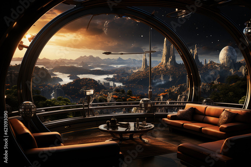 A luxurious / futuristic spaceship hotel in space, stunning view of the planet from large panoramic windows