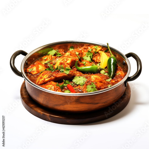 A Pakistani chicken karahi served on a traditional metal plate, with a wooden base on a white background