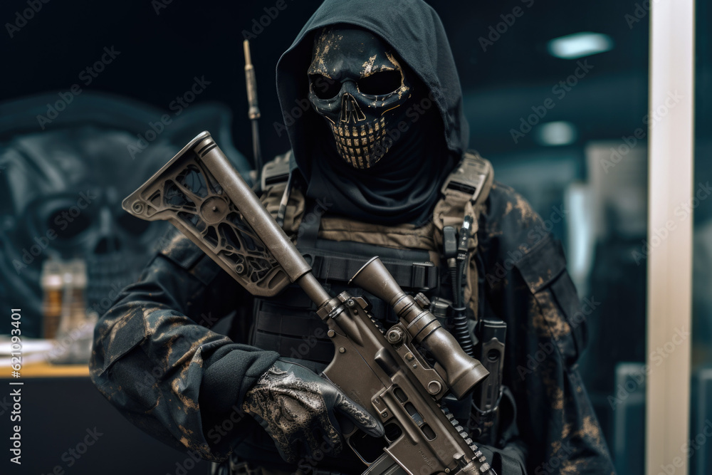 Shadow of Warfare: Hooded Grim Reaper with Assault Rifle - Harbinger of