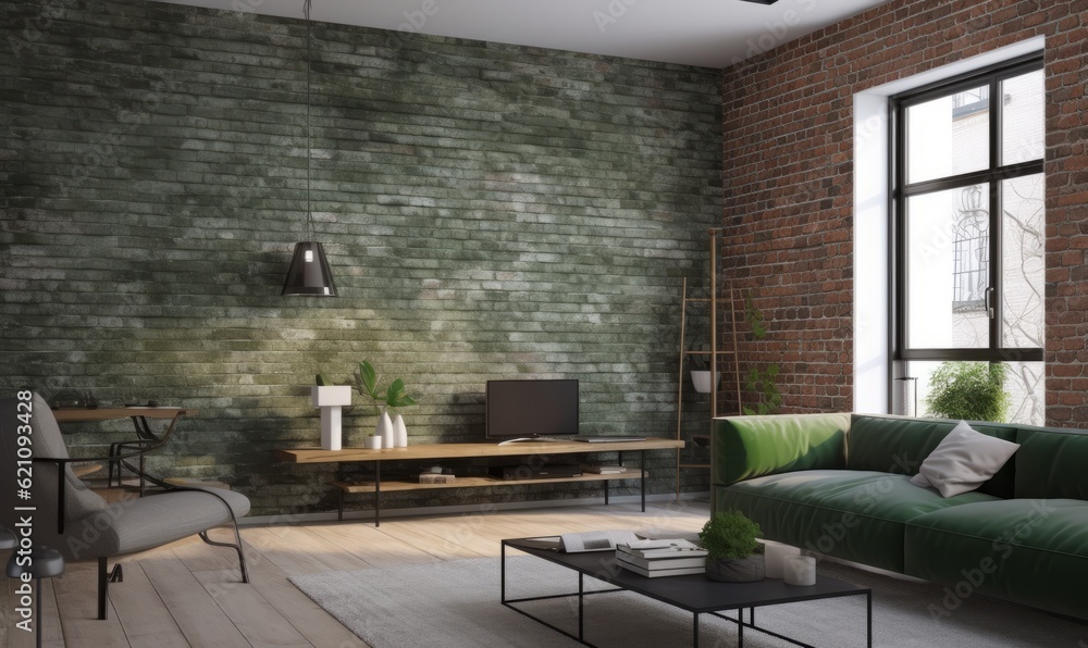 3d rendering living room with brick wall 3d rendering living room with brick wall