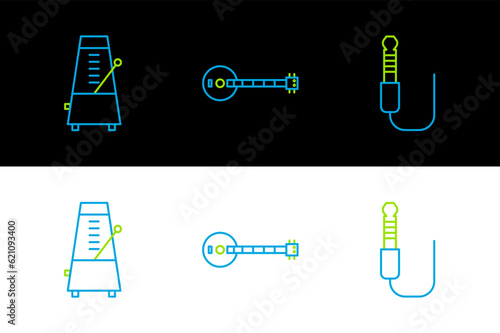 Set line Audio jack, Metronome with pendulum in motion and Banjo icon. Vector