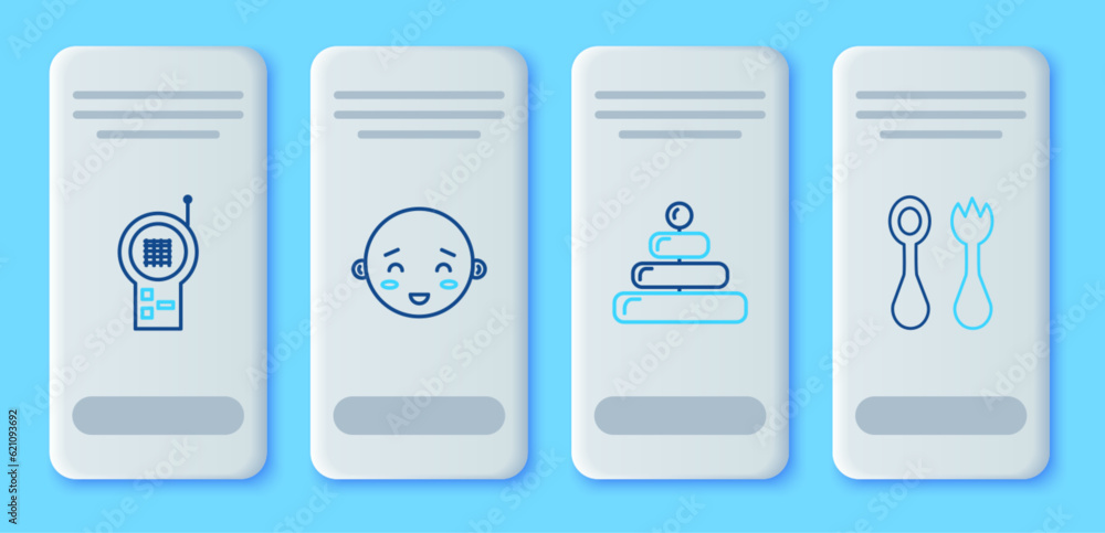 Set line Happy little boy head, Pyramid toy, Baby Monitor Walkie Talkie and cutlery with fork and spoon icon. Vector